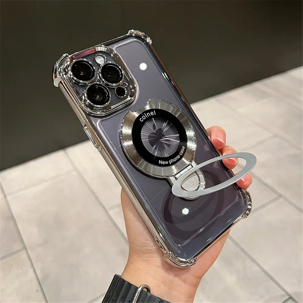 Luxury Plating Shockproof Magnetic Bracket Clear Case With Holder And